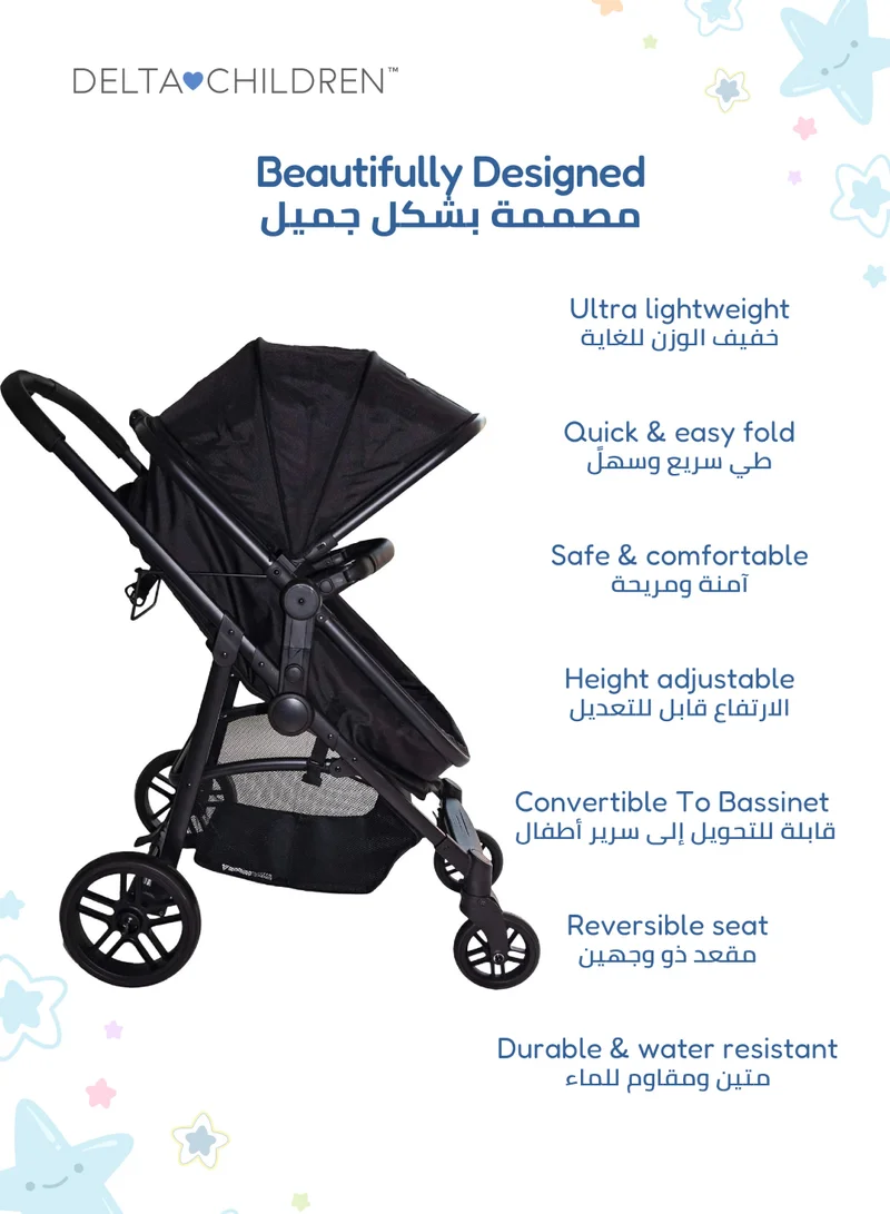 دلتا تشيلدرين Easy One-Fold Ultralight 2-in-1 Baby Stroller | Reversible Seat | Bassinet Mode | 92x56x110 CM | Lightweight | Newborn to Toddler | Black | Compact Travel