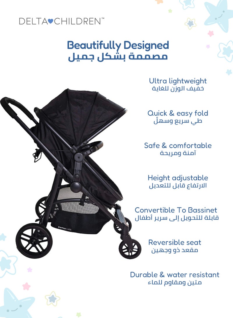 Delta CHILDREN Easy One-Fold Ultralight 2-in-1 Baby Stroller | Reversible Seat | Bassinet Mode | 92x56x110 CM | Lightweight | Newborn to Toddler | Black | Compact Travel - Image 3