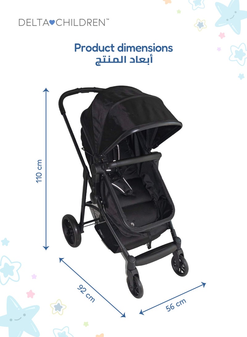 Delta CHILDREN Easy One-Fold Ultralight 2-in-1 Baby Stroller | Reversible Seat | Bassinet Mode | 92x56x110 CM | Lightweight | Newborn to Toddler | Black | Compact Travel - Image 4