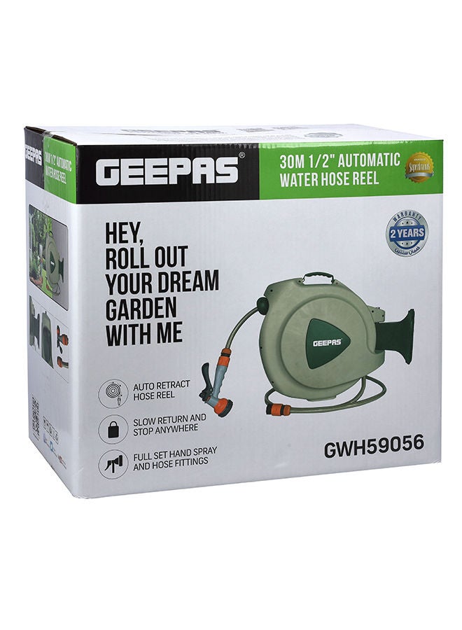 GEEPAS - 30M 1/2" Automatic Ready to Water Hose Reel with 180 Swivel Mounting Bracket, Lock Mechanism, Hose Fitting, Adjustable Hose Stop and More Multicolour 0.50inch - Image 1
