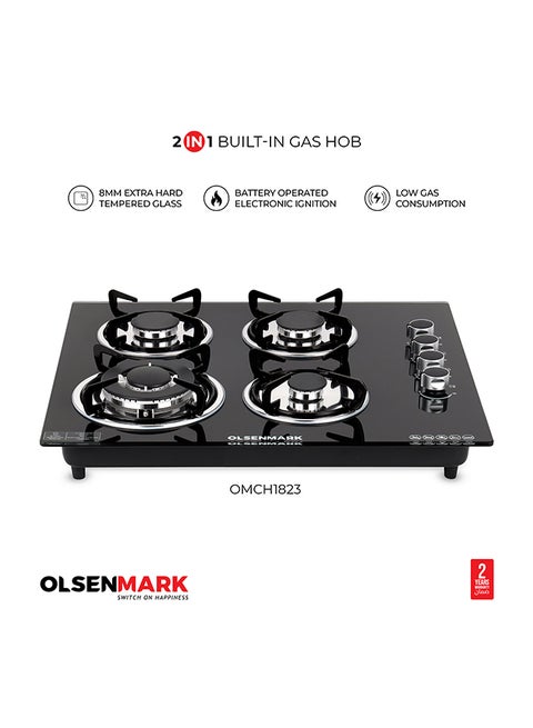 2 in 1 Built in Gas Hob, 4 burners and 8mm Tempered Glass Top,  Auto Ignition, Thick Pan Support, Bakelite Knobs, Low Gas Consumption, OMCH1823 Black