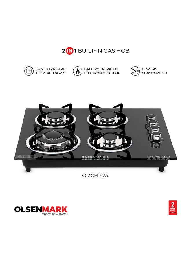 Olsenmark - 2 in 1 Built in Gas Hob, 4 burners and 8mm Tempered Glass Top,  Auto Ignition, Thick Pan Support, Bakelite Knobs, Low Gas Consumption, OMCH1823 Black - Image 1