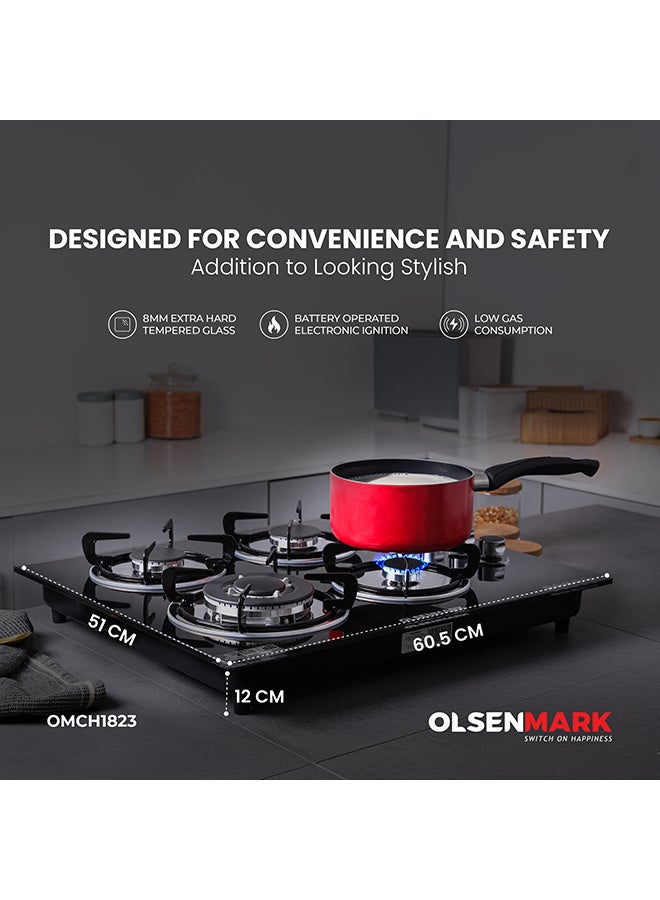 Olsenmark - 2 in 1 Built in Gas Hob, 4 burners and 8mm Tempered Glass Top,  Auto Ignition, Thick Pan Support, Bakelite Knobs, Low Gas Consumption, OMCH1823 Black - Image 1