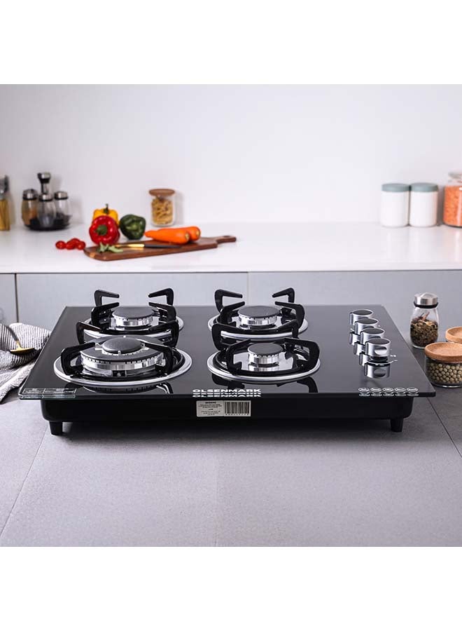 Olsenmark - 2 in 1 Built in Gas Hob, 4 burners and 8mm Tempered Glass Top,  Auto Ignition, Thick Pan Support, Bakelite Knobs, Low Gas Consumption, OMCH1823 Black - Image 1