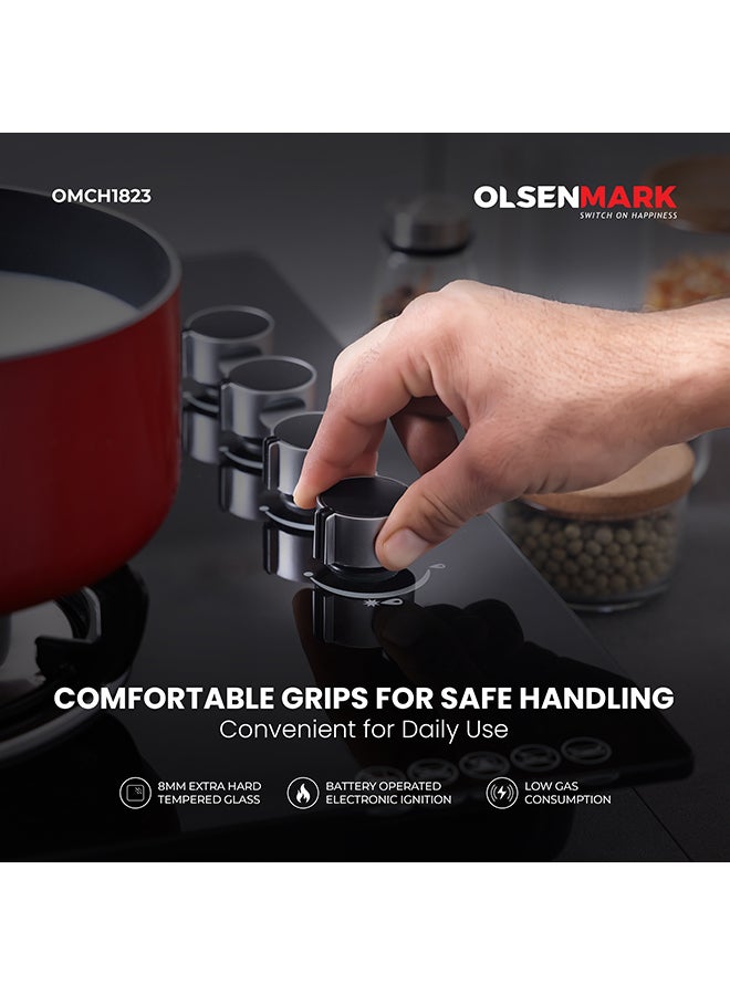 Olsenmark - 2 in 1 Built in Gas Hob, 4 burners and 8mm Tempered Glass Top,  Auto Ignition, Thick Pan Support, Bakelite Knobs, Low Gas Consumption, OMCH1823 Black - Image 1