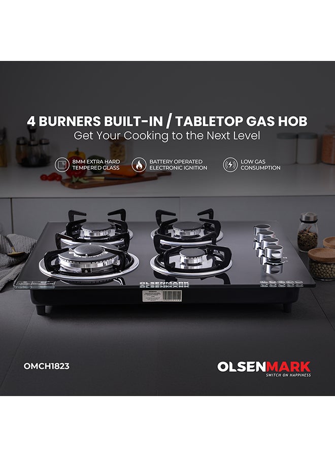 Olsenmark - 2 in 1 Built in Gas Hob, 4 burners and 8mm Tempered Glass Top,  Auto Ignition, Thick Pan Support, Bakelite Knobs, Low Gas Consumption, OMCH1823 Black - Image 1