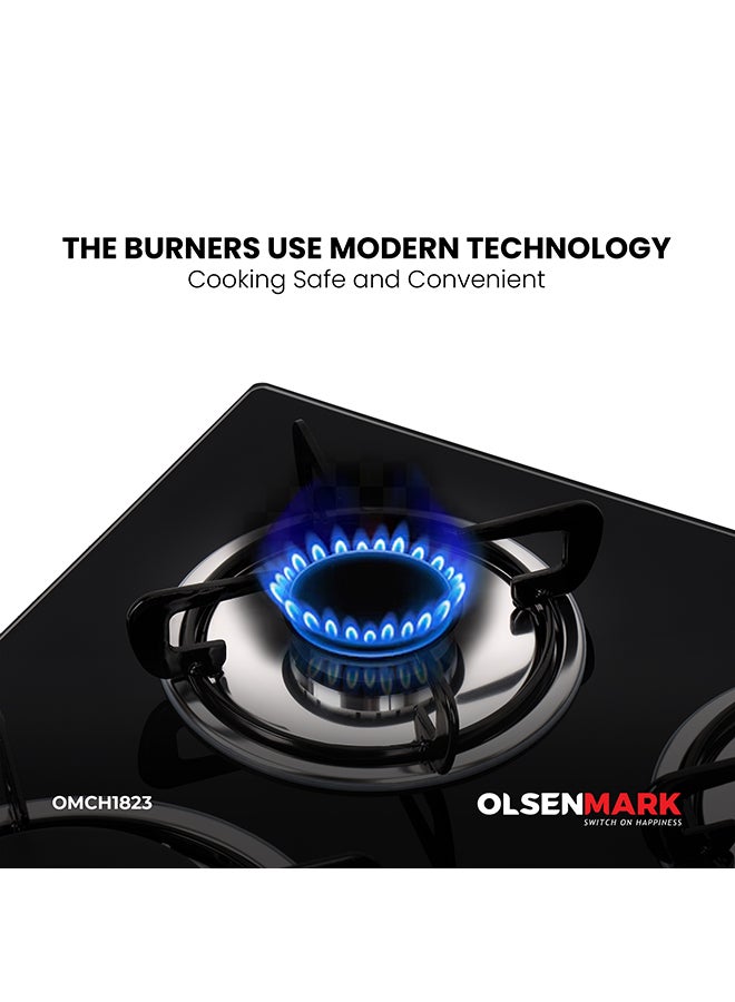 Olsenmark - 2 in 1 Built in Gas Hob, 4 burners and 8mm Tempered Glass Top,  Auto Ignition, Thick Pan Support, Bakelite Knobs, Low Gas Consumption, OMCH1823 Black - Image 1