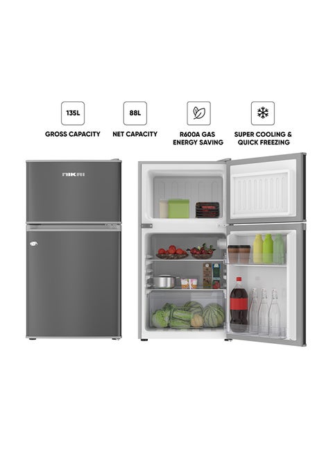135L Gross / 88L Net, Small Double Door Mini Refrigerator With Vegetable Crisper And Adjustable Glass Shelves, Convenient Defrosting, Mini Fridge Ideal For Home, Kitchen, Bedroom, Office And Hotels 274 kW NRF135DDS Grey/Dark Silver