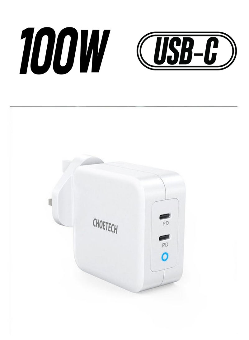 CHOETECH - GaN PD 100W Dual USB-C Fast Charger MFI For iPhone 13/12 And Macbook Pro/Air White - Image 1