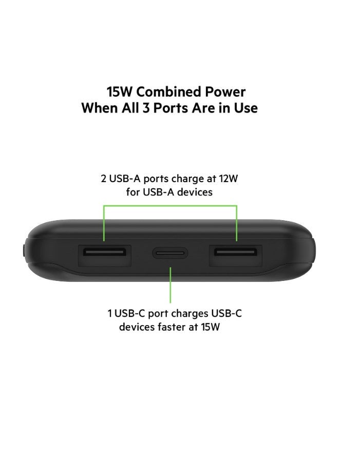 belkin - BoostCharge Power Bank 10000mAh - 15W Fast Charger 1x USB C, 2x USB A ports For Apple iPhone 15/14 Or Older, Google, Samsung, Huawei, iPad Pro/iPad Mini Black - Image 1