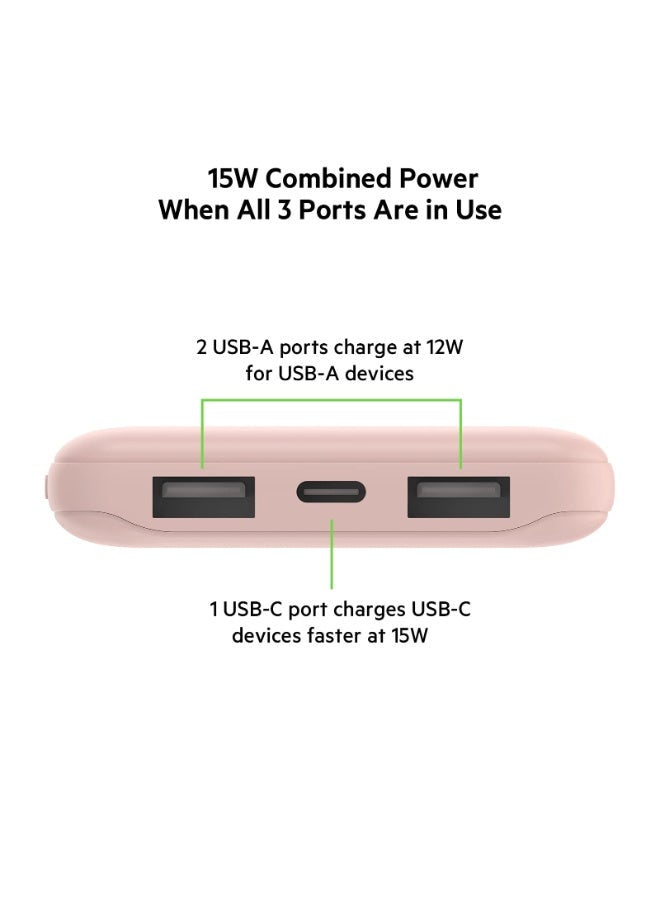 belkin - BoostCharge Power Bank 10000mAh- 15W Fast Charger 1x USB C, 2x USB A Ports For Apple iPhone 15/14 Or Older, Google, Samsung, Huawei, iPad Pro/iPad Mini Rose Gold - Image 1