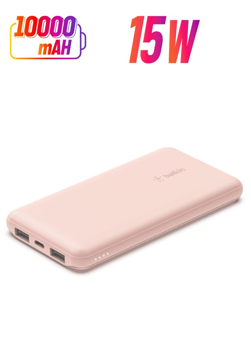 belkin - BoostCharge Power Bank 10000mAh- 15W Fast Charger 1x USB C, 2x USB A Ports For Apple iPhone 15/14 Or Older, Google, Samsung, Huawei, iPad Pro/iPad Mini Rose Gold - Image 1
