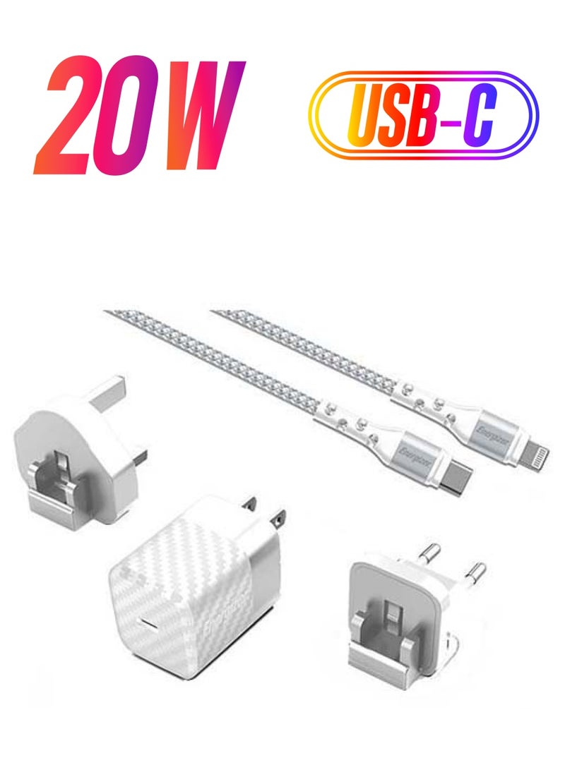 Energizer - Ultimate 20W PD iPhone Charger USB C With 1.2M Fast Lightning Cable Quick Charging USB-C Plug Compatible With New iPhone 14/14Pro/14Pro Max/14 Plus/13Pro Max /13 Pro/13/12/11/XS iPad Mini 6/ iPad Pro White - Image 1