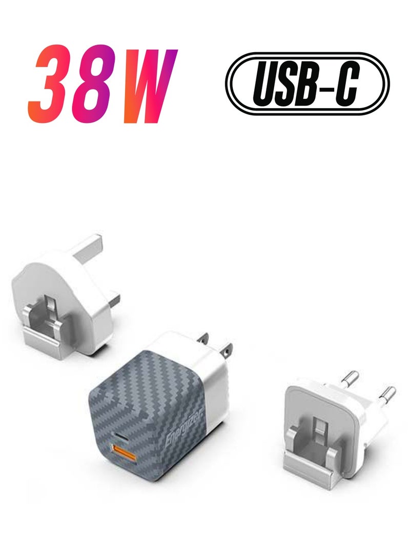 Energizer - Ultimate 38W Fast Charging QualComm Wall Charger, 20W Power Delivery Type-C Output And 18W QC USB-A Output, International Plugs, Universal Compatibility Silver - Image 1