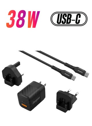 Ultimate 38W Fast Charging QualComm Wall Charger With Type- C Cable, 20W Power Delivery Type-C Output And 18W QC USB-A Output, International Plugs, Universal Compatibility Black - pnsku/N50198322A/45/_/1738266582/f7d50fa4-0a60-4c7b-9ca3-2d75c3349f5c