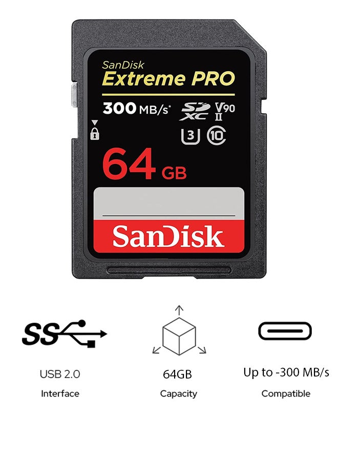 Sandisk - Extreme PRO SDXC Memory Card up to 300MB/s, UHS-II, Class 10, U3, V90 64 GB SDSDXDK-064G-GN4IN 64 GB - Image 1
