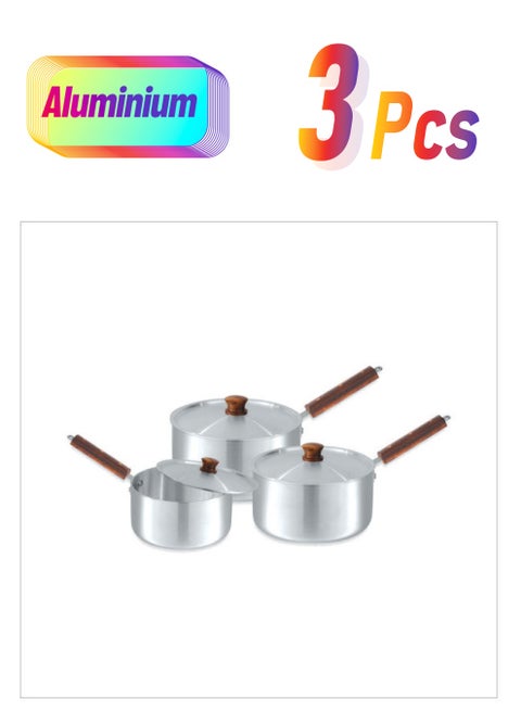 3 - Piece Almunium Cookware  Pot With Wooden Handle Set Metal Finish 4Liters