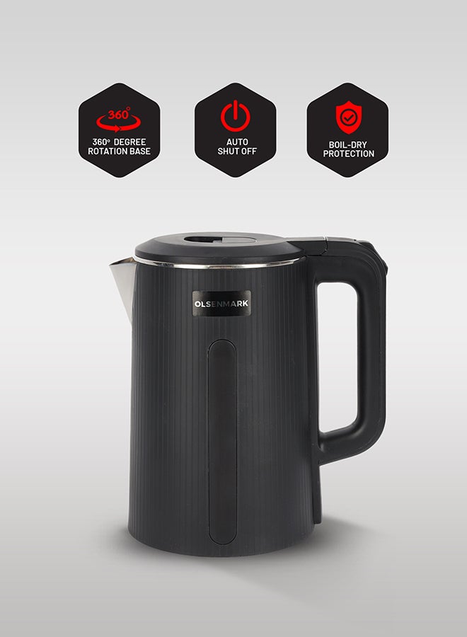 Olsenmark Electric Kettle Double Layer cool touch body, Stainless Steel Interior Body - Cool Touch Plastic Outer Body - On/Off Switch with Light Indicator - 1500-1850 Watts Power 1.7 L 1500 W OMK2241 Silver/Black  - Image 1