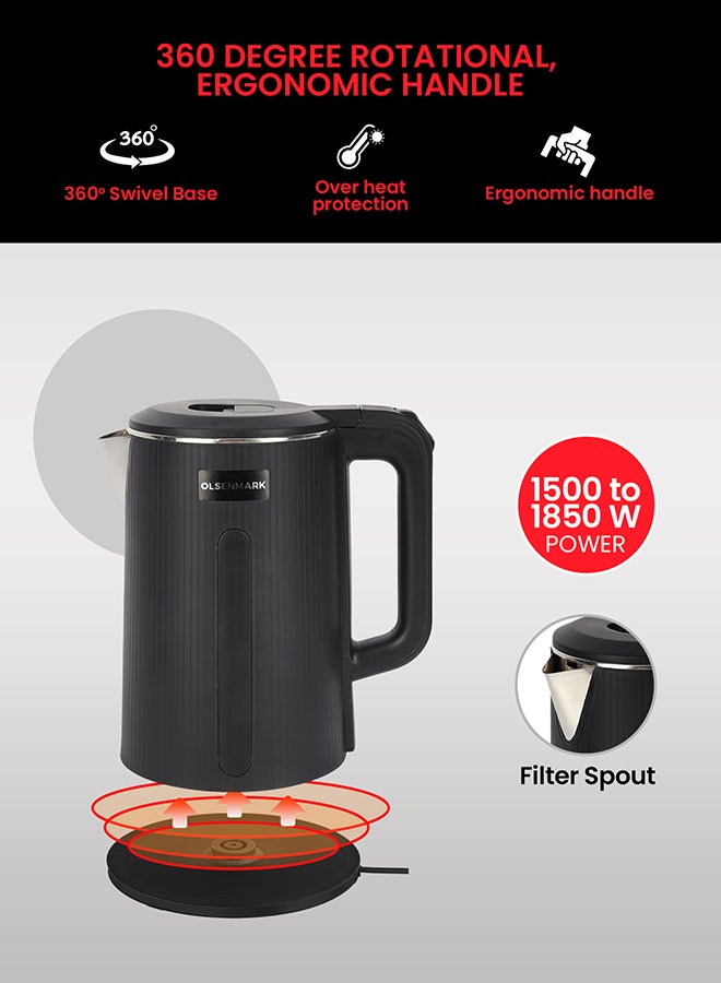 Olsenmark Electric Kettle Double Layer cool touch body, Stainless Steel Interior Body - Cool Touch Plastic Outer Body - On/Off Switch with Light Indicator - 1500-1850 Watts Power 1.7 L 1500 W OMK2241 Silver/Black  - Image 3