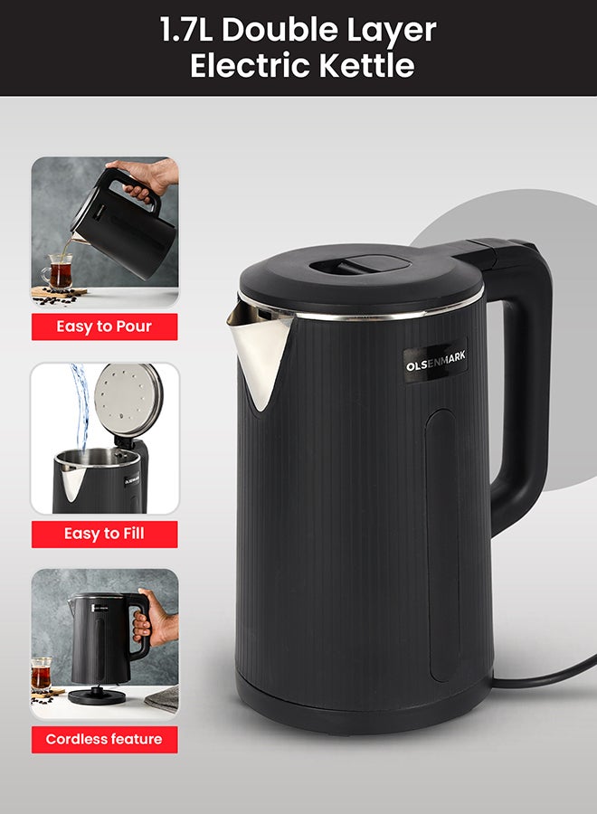 Olsenmark Electric Kettle Double Layer cool touch body, Stainless Steel Interior Body - Cool Touch Plastic Outer Body - On/Off Switch with Light Indicator - 1500-1850 Watts Power 1.7 L 1500 W OMK2241 Silver/Black  - Image 2