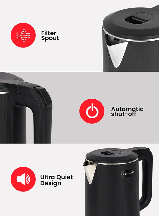Olsenmark Electric Kettle Double Layer cool touch body, Stainless Steel Interior Body - Cool Touch Plastic Outer Body - On/Off Switch with Light Indicator - 1500-1850 Watts Power 1.7 L 1500 W OMK2241 Silver/Black  - Image 4