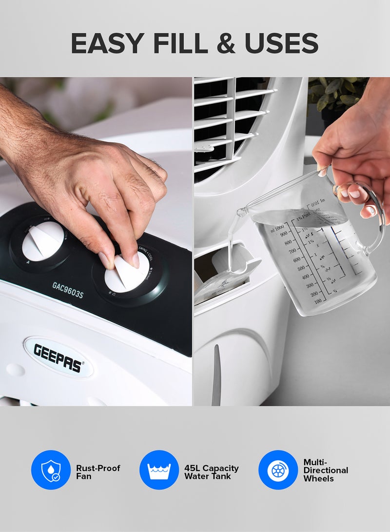GEEPAS 45L Air Cooler 3 Wind Speed and Humidifies Dry Air | Faster Cooling With Low Energy Consumption, Inverter Compatible And Portable| Honey Comb Pads 150W Perfect For Home And Office | 2 Years Warranty 45 L 150 W GAC9603S White - Image 4