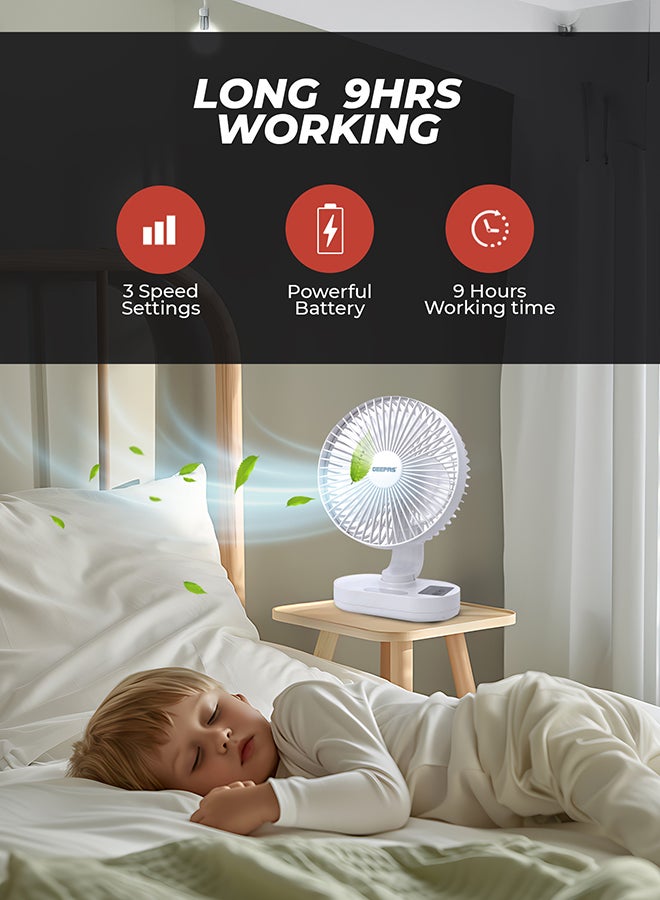 GEEPAS 8-inch Rechargeable Fan with Night Light | 3 Speed Settings | Rechargeable Lithium Battery with 9hrs Working | 3 Blade Fan with Adjustable Head GF21157 White - Image 4
