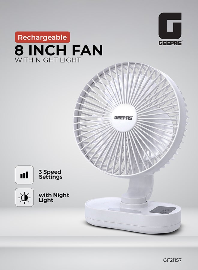 GEEPAS 8-inch Rechargeable Fan with Night Light | 3 Speed Settings | Rechargeable Lithium Battery with 9hrs Working | 3 Blade Fan with Adjustable Head GF21157 White - Image 2