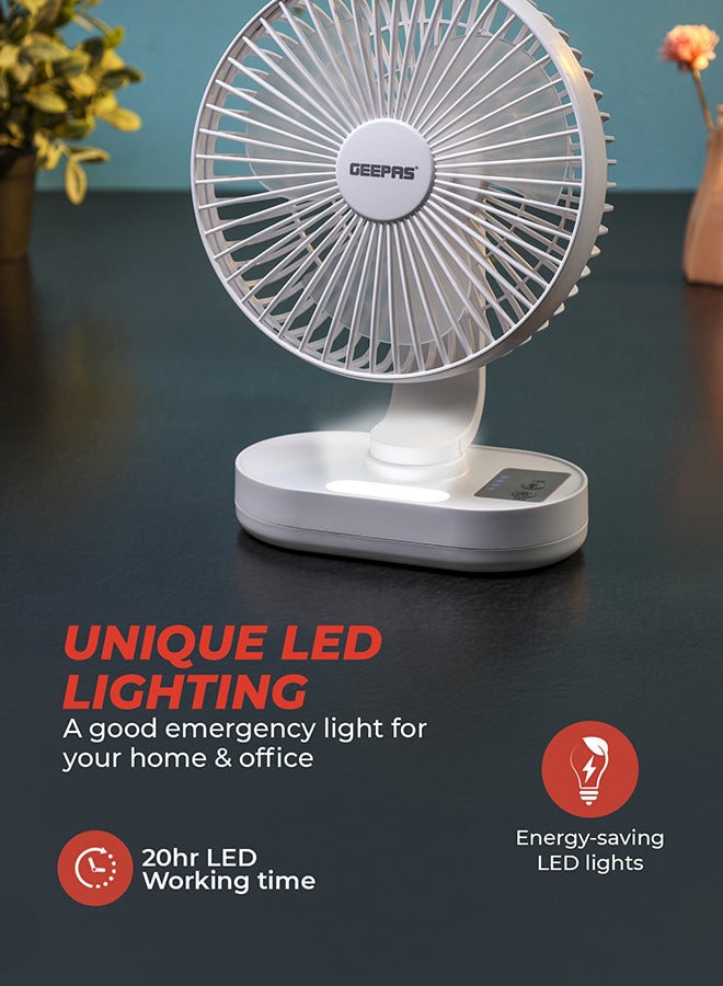 GEEPAS 8-inch Rechargeable Fan with Night Light | 3 Speed Settings | Rechargeable Lithium Battery with 9hrs Working | 3 Blade Fan with Adjustable Head GF21157 White - Image 5