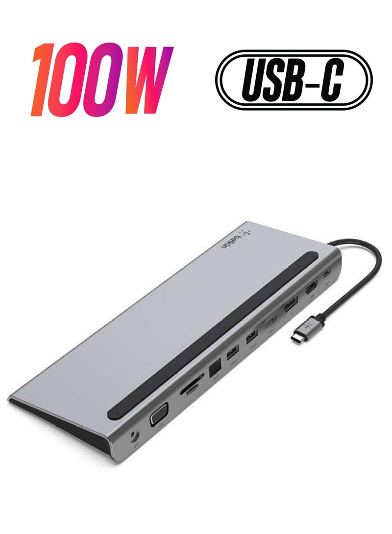 belkin - USB C Hub,11-In-1 Multiport Adapter Dock With 4K HDMI,Dp,VGA,USB-C 100W PD Pass-Through Charging,3 USB A,Gigabit Ethernet,SD,MicroSD,3.5mm Ports For Macbook Pro, Air, Xps And More Gray - Image 1