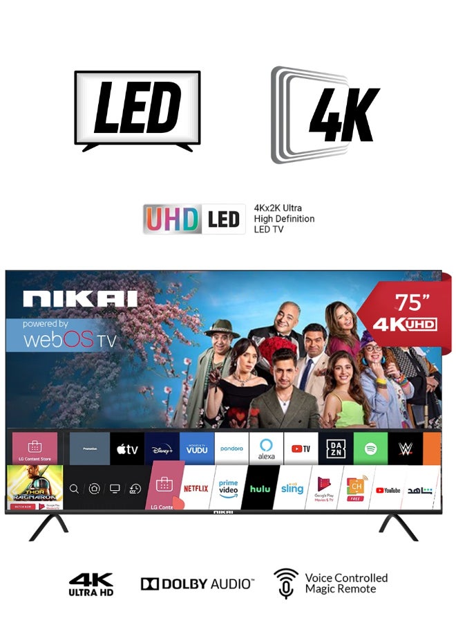 نيكاي تلفزيون ذكي LED بدقة 4K UHD مقاس 75 بوصة من السلسلة البلاتينية مع نظام تشغيل WEBOS + جهاز تحكم عن بعد سحري NIK75MEU4STN رمادي NIK75MEU4STN رمادي - Image 1