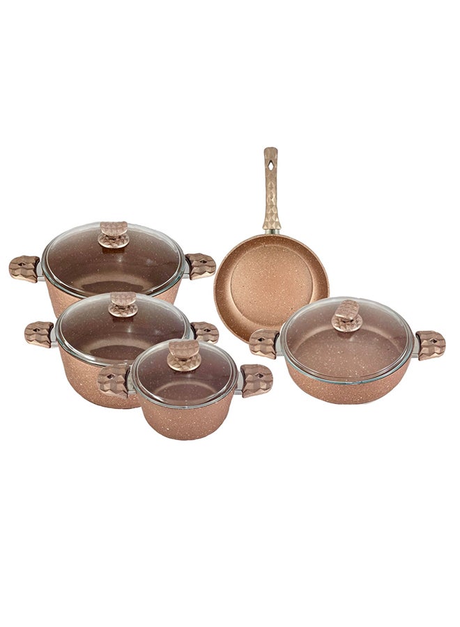 Home Maker 9-Pieces Galaxy Granitec Big Size Cookware Set Non-Stick Surface Bakelite Handles And Knobs -PFOA Free Includes 3xDeep Pot With Tempered Glass Lid 20cm + 24cm + 30cm , 1xLow Pot With Tempered Glass Lid 28x7 cm, 1xFry Pan 28x5.5cm Rose Gold 20 + 24 + 30 cm Deep Pot / 28 cm low pot / 28 cm frypancm  - Image 3