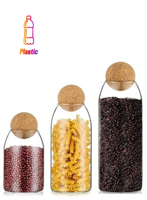 Neoflam Glass Food Storage Jars With Wood Lid Ball, Bamboo Glass Storage Containers With Good Sealing & For Kitchen Counter, Pantry, Tea, Sugar, Flour, Cork Transparent Borosilicate Glass Sealed Can. Multicolour