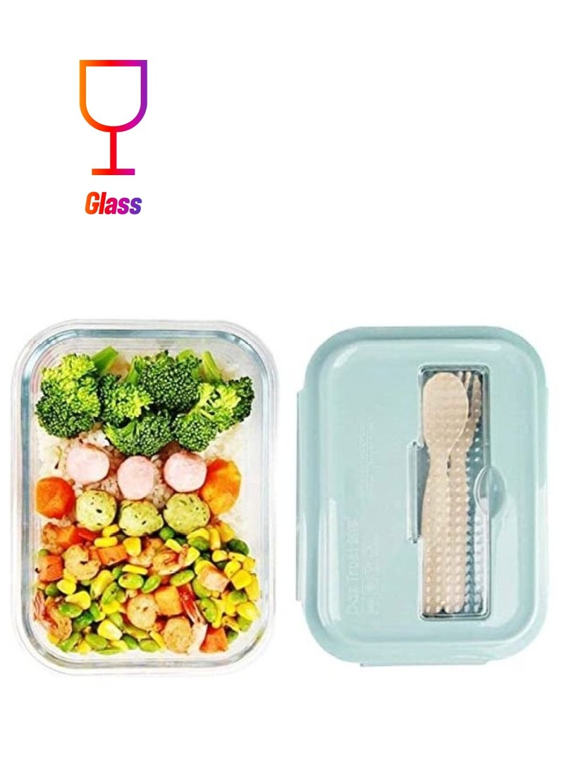 BGM Glass Lunch Box With Lid Spoon And Fork Clear/Blue 1000ml - Image 1