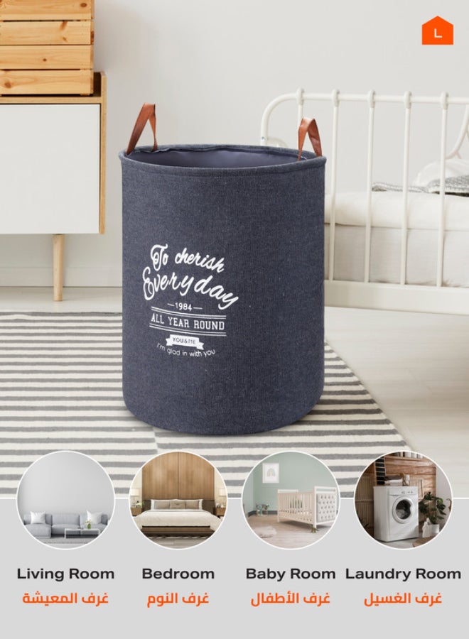 LAWAZIM Round Laundry Basket with Printed Letters 1 Pieces Storage Basket | Laundry Hamper | Boxes for Organizing 40x50cm - Dark Blue Dark Blue 40x50cm - Image 5