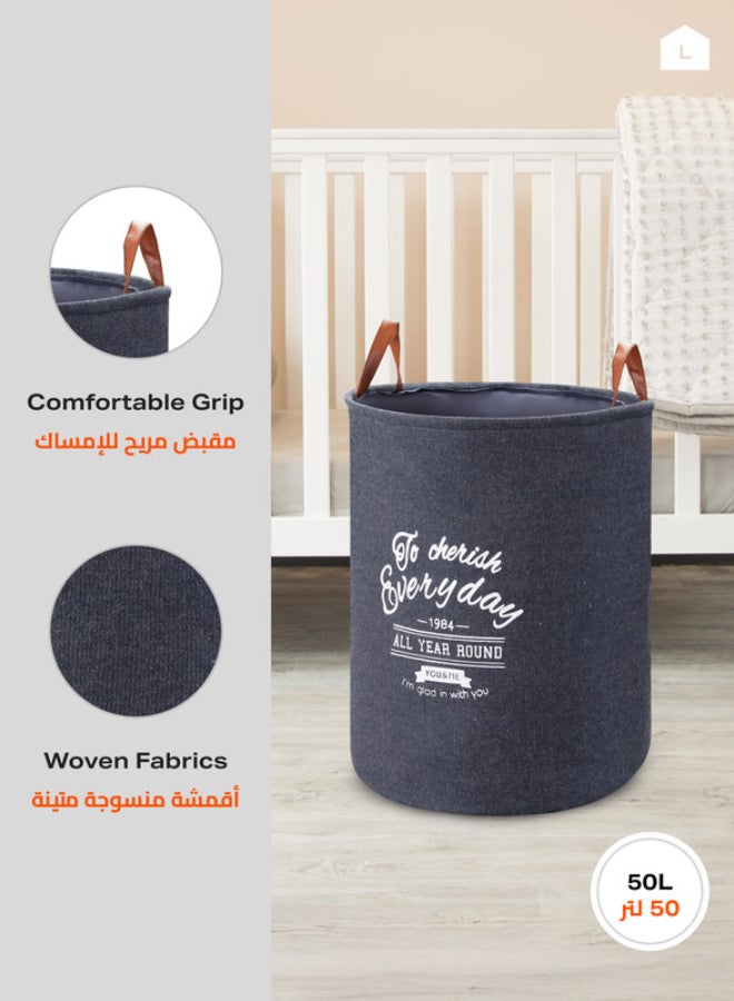 LAWAZIM Round Laundry Basket with Printed Letters 1 Pieces Storage Basket | Laundry Hamper | Boxes for Organizing 40x50cm - Dark Blue Dark Blue 40x50cm - Image 4