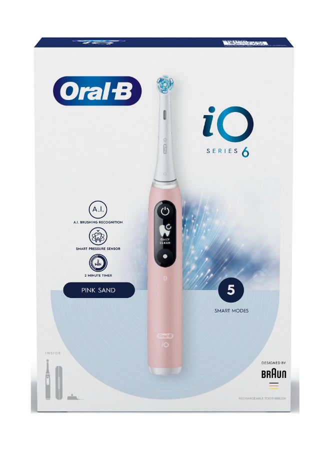 Oral-B iO Series 6 Rechargeable Electric Toothbrush Set, Pink Sand, Removes 100% More Plaque in 1 Week, with Personalized Brushing Modes, Smart Pressure Sensor, 1 Set Sand Pink - Image 1