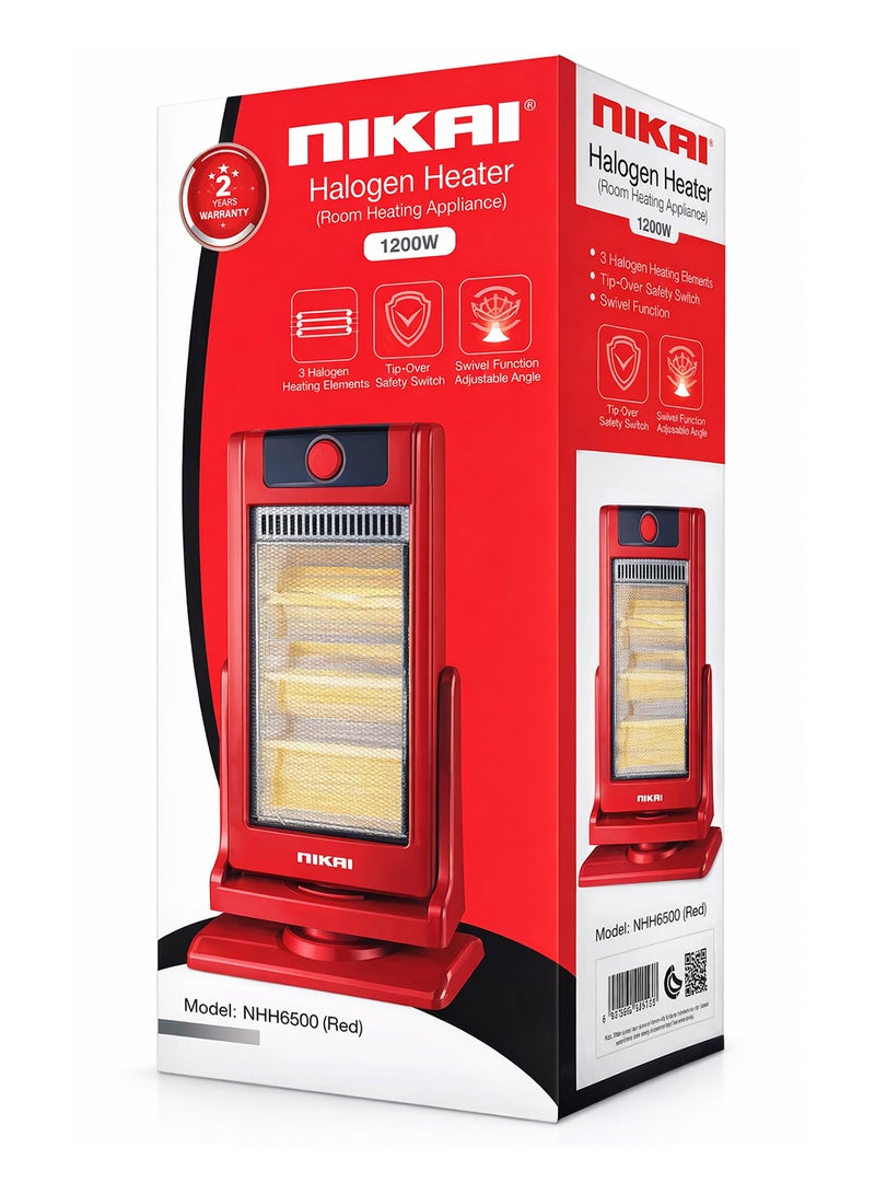 NIKAI Electric Heater, 3 Halogen Heating Elements And Tip-Over Safety Switch, With Swivel Function, Adjustable Angle 1200 W NHH6500 Red - Image 2