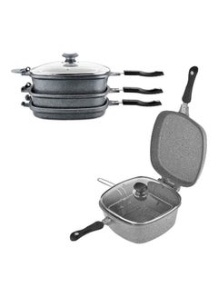OMS 7-Piece Multi Cooker Set Includes Square Deep Pan With Lid 26 cm, Square Grill Pan With Lid 26 cm, Fry Pan 26 cm, Round Fryer Basket With Lid And Handle 20 cm Granite  - Image 1