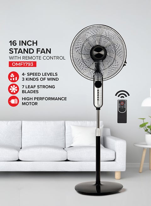 16" Classic Stand Fan With Remote Stand/Fan With Remote Control OMF1793, Pedestal Fans With 3 Modes, Efficient 70 W Motor For Better Cooling, Timer,7 Leaf Blades 70 W OMF1793 Black