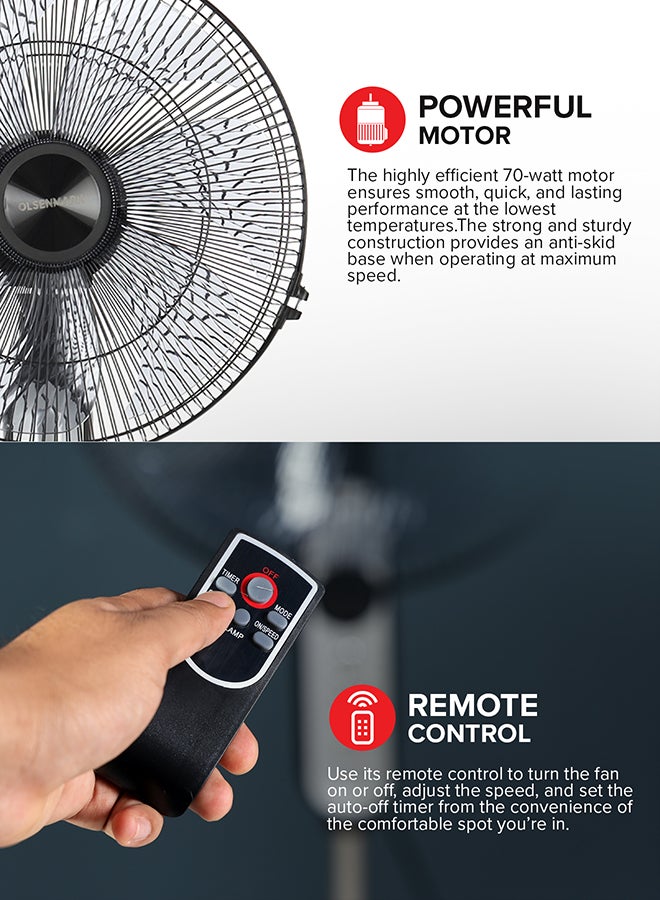 Olsenmark - 16" Classic Stand Fan With Remote Stand/Fan With Remote Control OMF1793, Pedestal Fans With 3 Modes, Efficient 70 W Motor For Better Cooling, Timer,7 Leaf Blades 70 W OMF1793 Black - Image 1