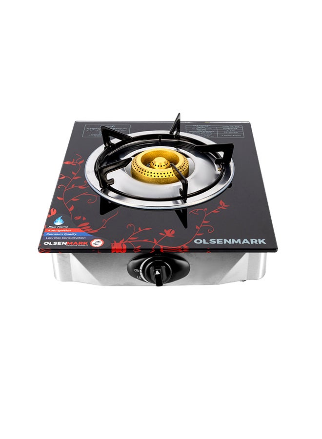 Olsenmark - Gas Cooker Glass Top Single Brass Burner with Enamel Grate and Stainless-Steel Drip Pan, Low Energy Consumption and Efficient, Auto Ignition System OMK2226Z Black/Silver/Red - Image 1