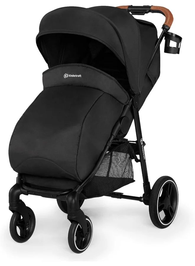 Kinderkraft Grande Stroller - Black, Reclining, Foldable, Multi-level Backrest Adjustment, 5-Point Saftey Belts, With Large Shopping Bag, Large Canopy, Suitable for 0+ months