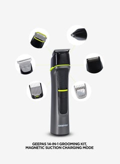 GEEPAS 14-in-1 Grooming Kit, Magnetic Suction Charging Mode, GTR56026, 60mins Working Lithium Battery Charging Indicator Life Ideal For Short And Long Hair Fully Washable Silver  - Image 4