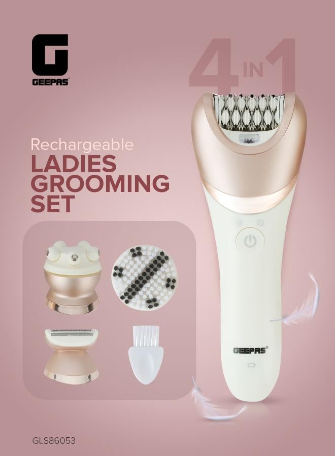 GEEPAS GLS86053 Rechargeable Ladies Grooming Set 4-in-1 Electric Hair Remover Detachable Shaving Head, On/Off Switch, LED Indicator Light, Ideal To Remove Unwanted Hair White 26cm - Image 2
