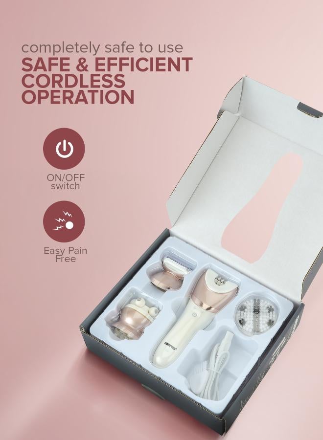 GEEPAS GLS86053 Rechargeable Ladies Grooming Set 4-in-1 Electric Hair Remover Detachable Shaving Head, On/Off Switch, LED Indicator Light, Ideal To Remove Unwanted Hair White 26cm - Image 3