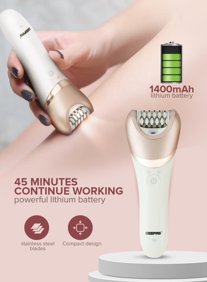 GEEPAS GLS86053 Rechargeable Ladies Grooming Set 4-in-1 Electric Hair Remover Detachable Shaving Head, On/Off Switch, LED Indicator Light, Ideal To Remove Unwanted Hair White 26cm - Image 4