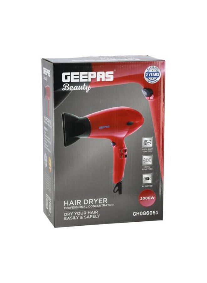 GEEPAS - Hair Dryer Professional Concentrator Cool Shot Function Free Styling, Durable and Lightweight 2000W Red 29cm - Image 1