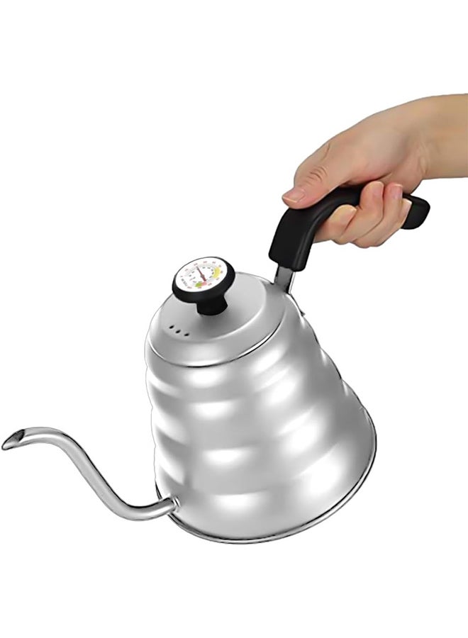 MIBRU - Coffee Kettle With Thermometer Drip V60 Pour Over Coffee Gooseneck Thin Spout Works On Stovetop Silver 1200ml - Image 1