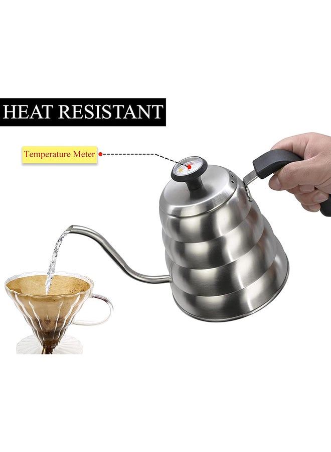 MIBRU - Coffee Kettle With Thermometer Drip V60 Pour Over Coffee Gooseneck Thin Spout Works On Stovetop Silver 1200ml - Image 1